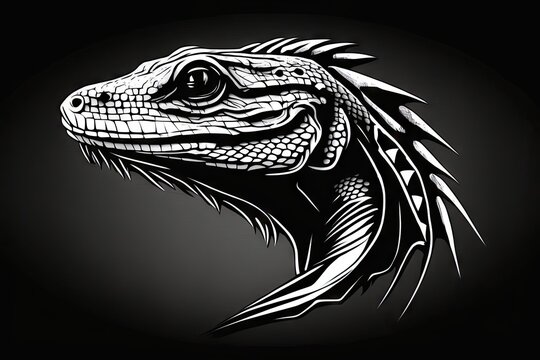 Lizard head in black and white colors on a black background