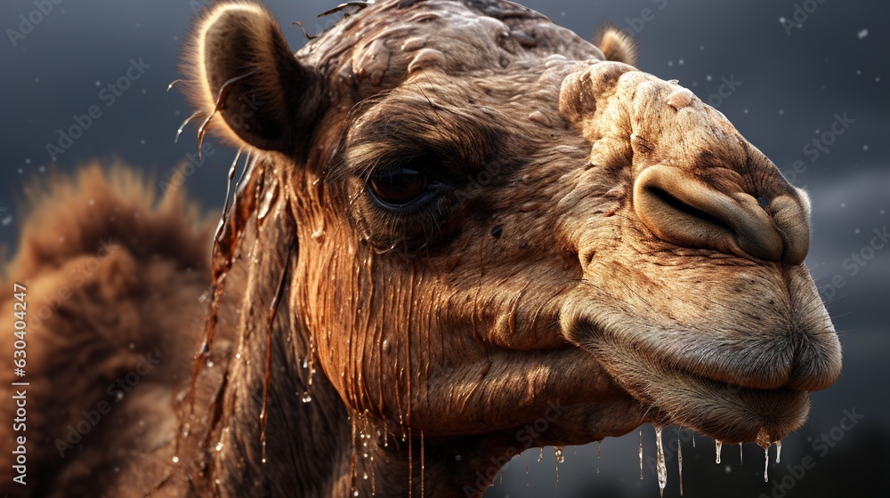 Poster a close up of a camel's face with water droplets on it. generative ai