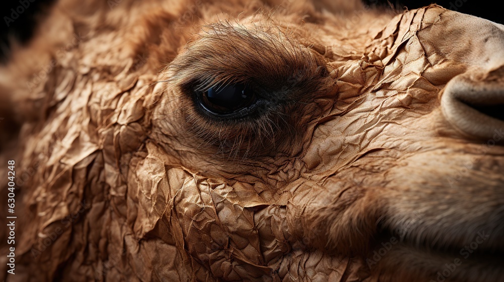Poster a close up of a camel's face with a black background. generative ai