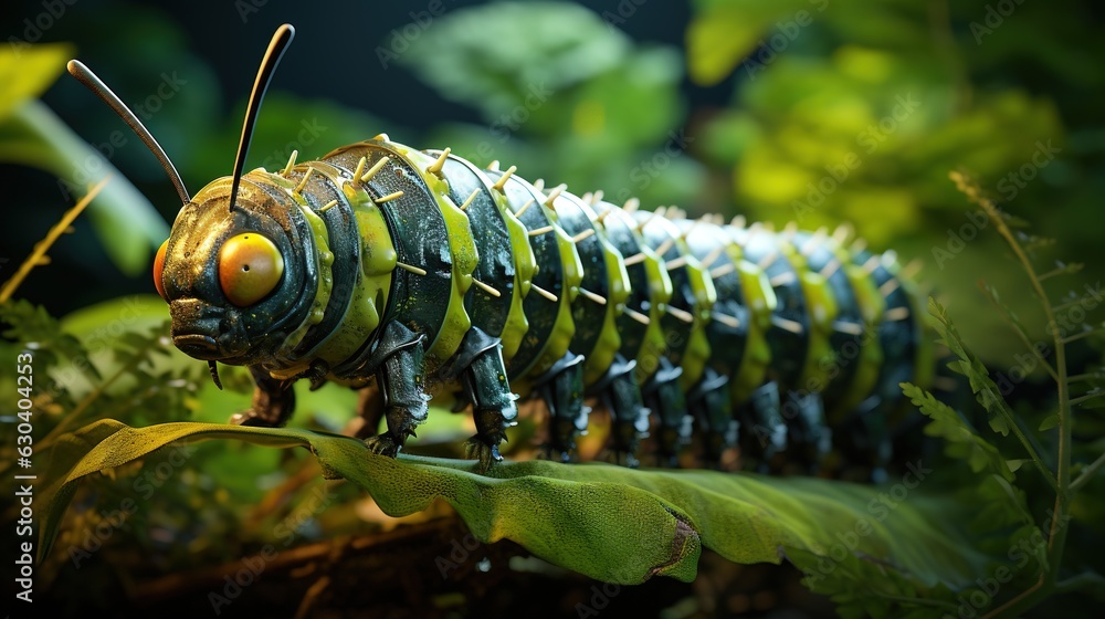 Poster a close up of a bug on a leafy plant. generative ai