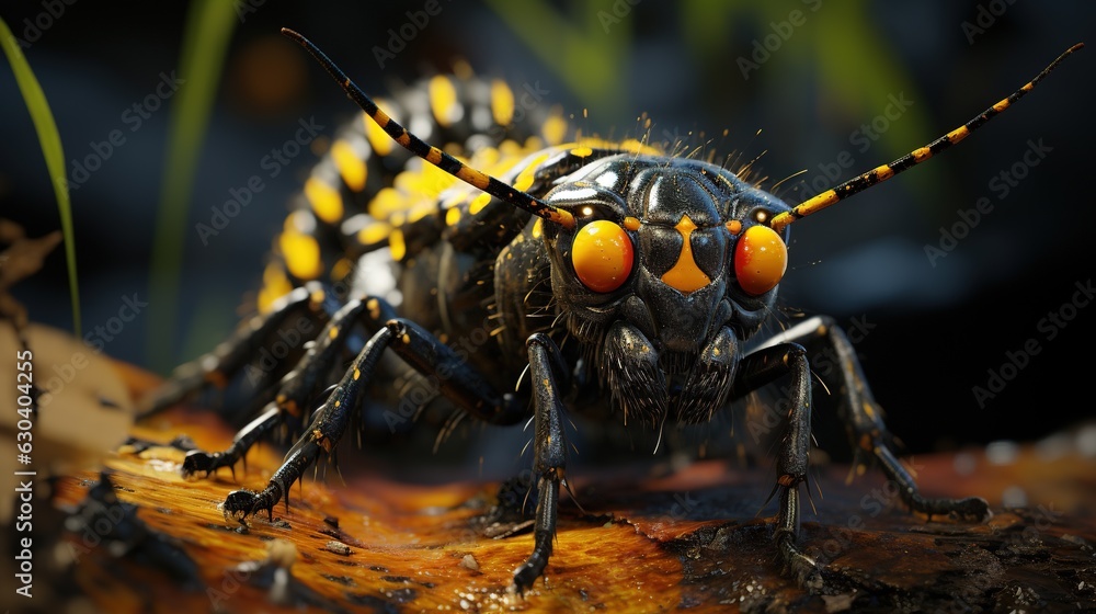 Poster a close up of a bug on a leaf with yellow eyes. generative ai