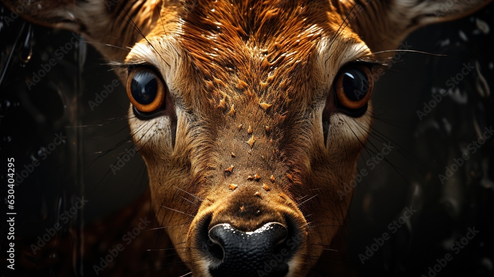 Poster  a close up of a deer's face with a black background.  generative ai