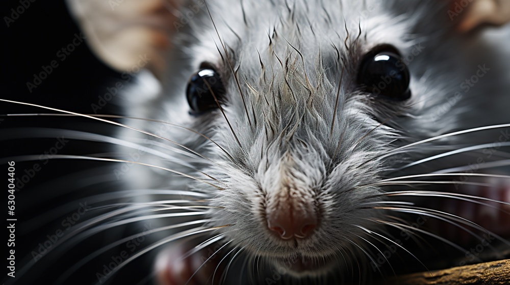Poster  a close up of a mouse on a black background with a blurry background.  generative ai