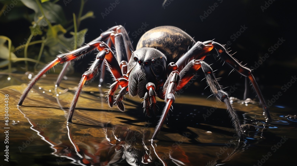 Poster a close up of a large spider on a surface with water. generative ai