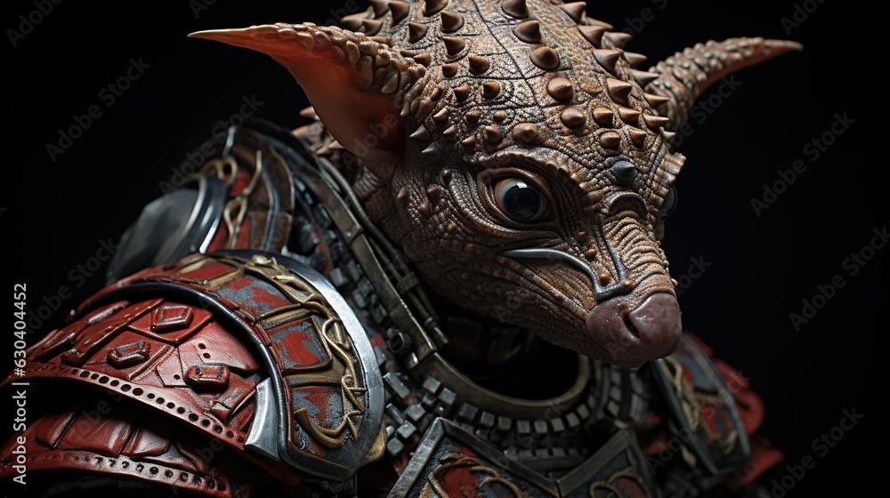 Poster a close up of a statue of a cat wearing armor. generative ai