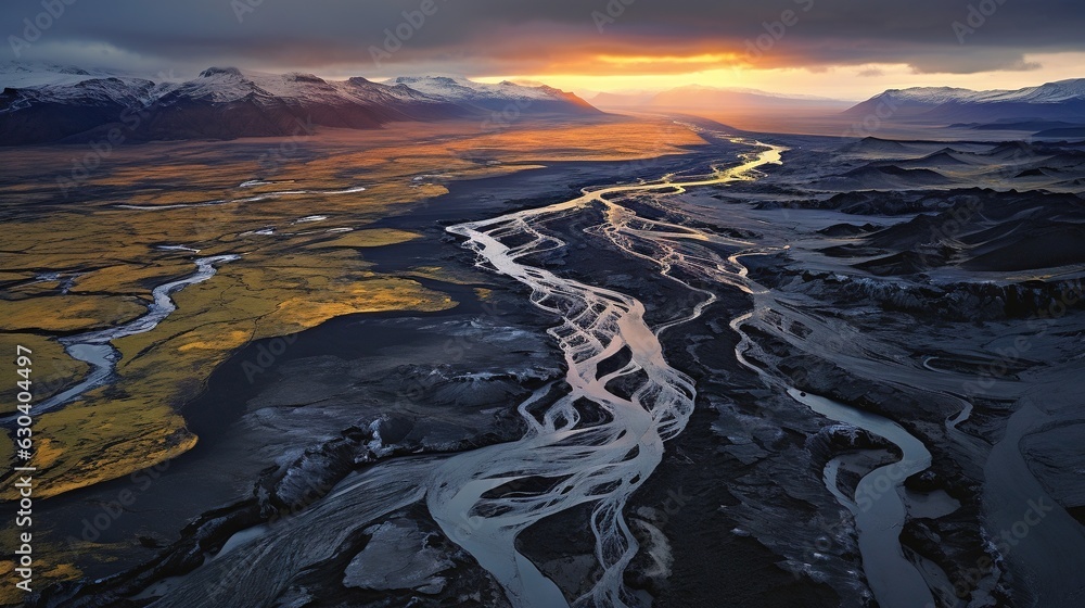 Poster an aerial view of a river running through a mountain range. generative ai