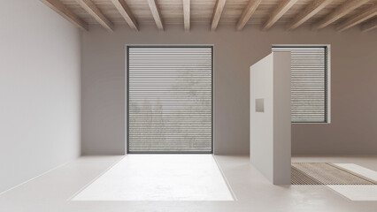 Bleached wooden empty room interior design, open space with resin floor, beams ceiling and white walls, modern contemporary architecture concept idea