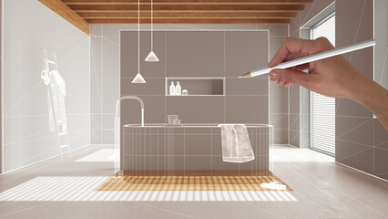 Empty white interior with wooden parquet floor, hand drawing custom architecture design, white ink sketch, blueprint showing japandi minimal bathroom