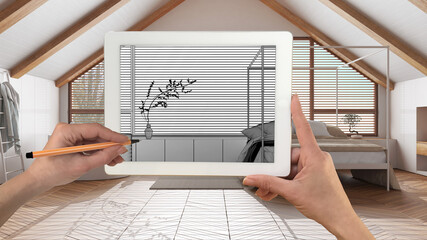 Hands holding and drawing on tablet showing japandi bedroom details CAD sketch. Real finished interior in the background, architecture design presentation