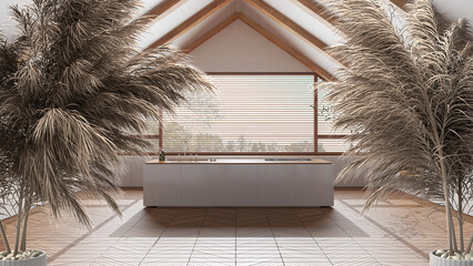 White table top or shelf with straws, dry plants, ornament, ears, sheaf, branch in vase, over japandi wooden kitchen with island. Penthouse, interior design