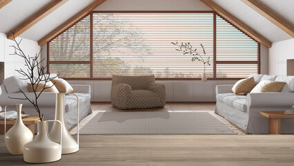 Wooden table top or shelf with minimalistic modern vases over japandi wooden living room in modern style, contemporary architecture interior design