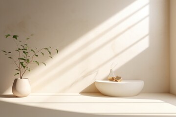 Fototapeta na wymiar Serene 3D Counter Podium with Delicate Leaf Shadow