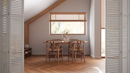 White folding door opening on attic dining room with table and chairs Parquet and beam ceiling. Farmhouse architecture, modern interior design, architect designer concept