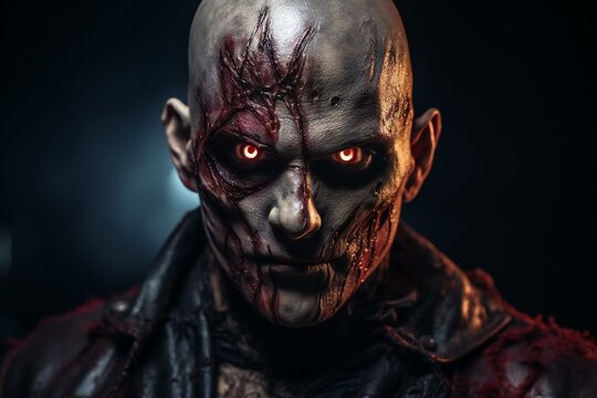 Halloween scary makeup male portrait. Scary makeup for Halloween on a man. Scary man. 