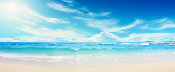 Calm summer empty beach. With bright blue water. Vacation, trip, vacation, flight Ai generation
