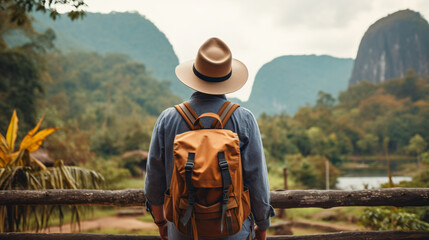 Young traveler wearing a hat with backpack hiking outdoor Travel Lifestyle and Adventure concept - obrazy, fototapety, plakaty