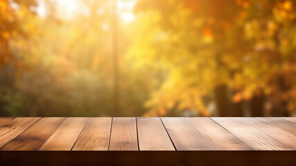 Empty brown wooden table in front of bokeh background of autumn trees with shiny of sunlight. AI generated