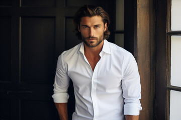 Generative ai collage portrait of elegant man model in white t shirt standing looking in camera