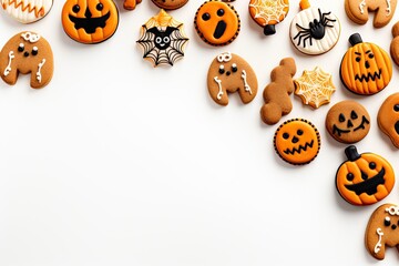 Homemade Halloween cookies on a white background, top view. With Generative AI technology