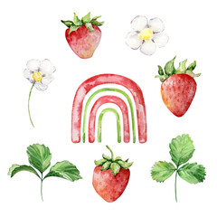 Watercolor bright red strawberry, berry