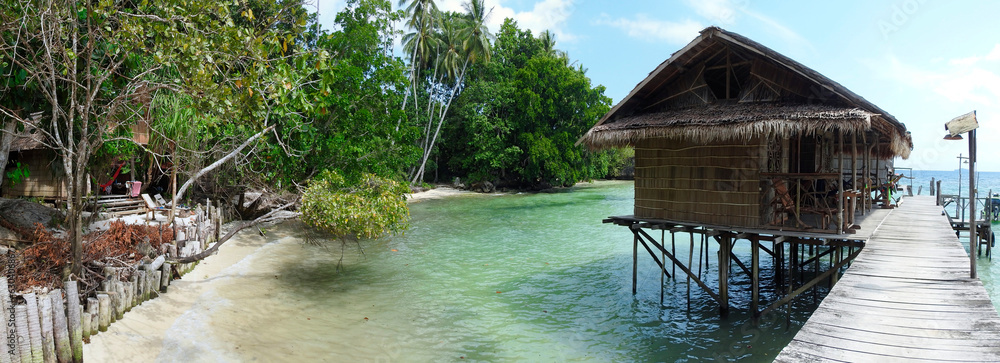 Sticker stilt house, waigeo island, raja ampat, south west papua, indonesia