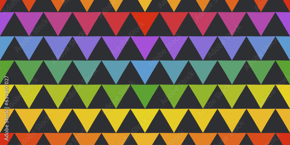 Poster multi-colored triangles arranged in rows. beautiful stylish and rainbow pattern of triangles. seamle