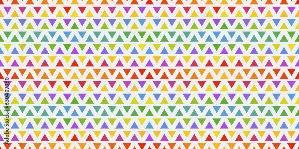 Poster Rainbow triangles. Texture from colorful triangles standing in rows. Seamless vector print for textiles, pillows, clothes, etc. Triangles texture.