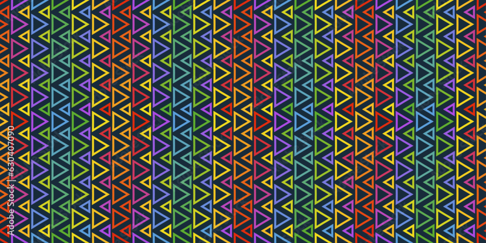 Poster Rainbow triangles in vertical rows. Texture from rainbow triangles, hollow inside. Seamless vector print for textiles, pillows, clothes, background, packaging, notepads.