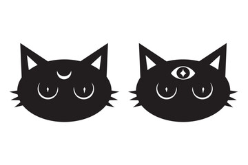 Cat face witch mystic.Animal head isolated in white background.Wiccan esoteric boho kitten.Vector illustration.