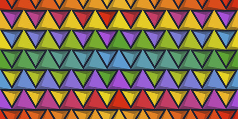 Rainbow triangles. Texture from colorful 3d triangles standing in rows. Seamless vector print for textiles, pillows, clothes, background, packaging, notepads.