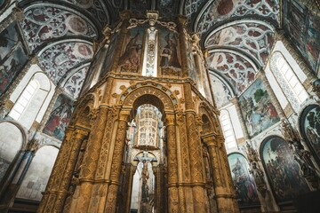 Interior of the historic ornate Tomar Convent in Portugal