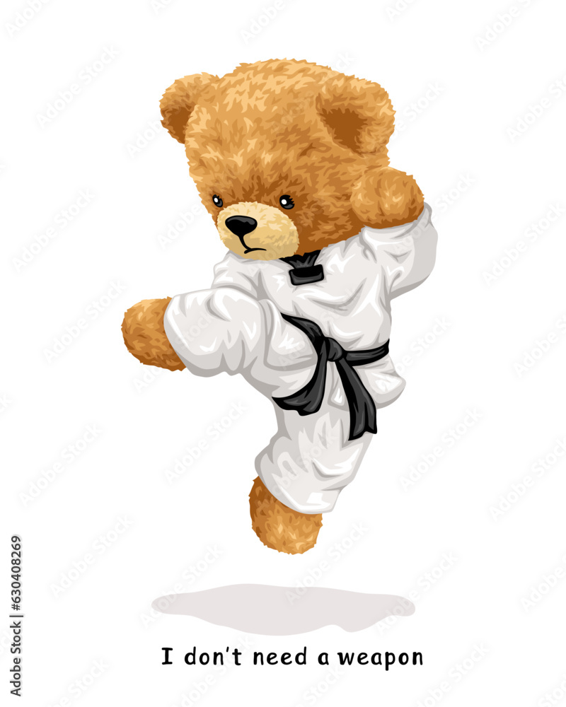 Sticker Vector illustration of hand drawn teddy bear in karate uniform doing jump kick