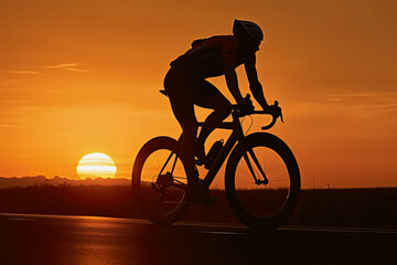 Obraz premium Traveler cyclist silhouette on sunset background.