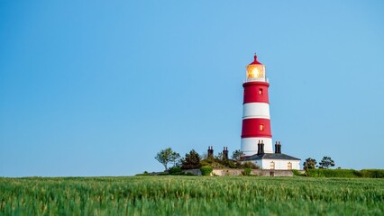 Majestic lighthouse with a vibrant red beacon in an expansive grassy field © Tonysalen/Wirestock Creators