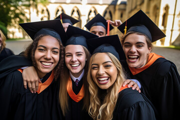 Obraz premium Generative AI portrait of big company of youth young students graduating from collage university together friends