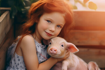 AI generated 3d portrait digital photo picture of charming cute red hair girl hold pig play cuddle spend summer vacation village farm - Powered by Adobe