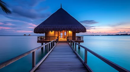 Washable wall murals Bora Bora, French Polynesia Bungalow on the ocean at sunset. Ai generative