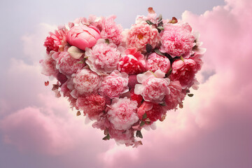 Template collage generative ai surreal bouquet shape love heart pink flowers sympathy wedding decoration isolated over clouds background - Powered by Adobe