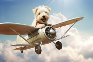 Photo template inspiration image of funny white dog flying vintage plane created generative ai...