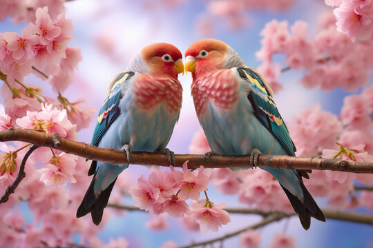 Lovely moment picture collage illustration made by generative ai artwork pair small birds redbreast on flowering branch tree background