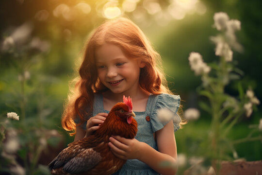 Portrait image movie scene of adorable pretty small girl sitting on grass backyard playing with chicken created by generative ai concept - Powered by Adobe