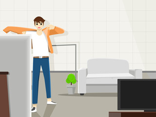 man wearing jacket while standing in front of the mirror In the living room, there is a TV, tree pot and sofa. People feeling happy with holiday at home. Vector illustration cartoon style lifestyle 