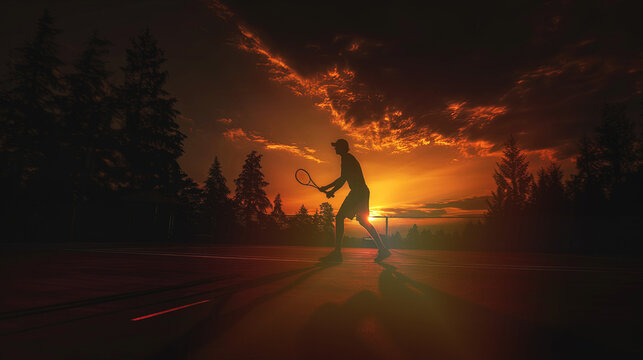 Silhouette of man playing tennis over sunset sky. - Powered by Adobe