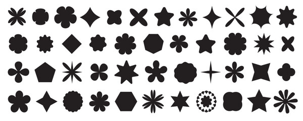 Retro groovy flowers abstract geometric shapes set
