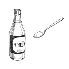 Vector hand-drawn illustration of bottle of vinegar and spoon isolated on white. Sketch with acetic acid for recipe design. - 630409245