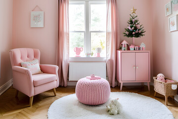 cabinet , toys , armchair in pastel pink play room interior, with ornaments.