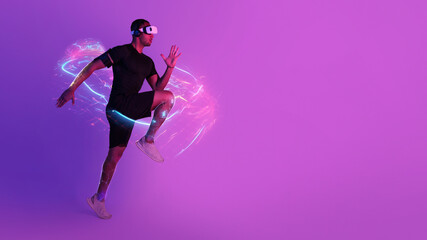 Fototapeta na wymiar Sportsman running while wearing VR goggles, copy space