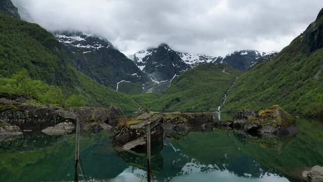 4K drone video of Bondhusvatnet Lake and Valley in Hardanger.