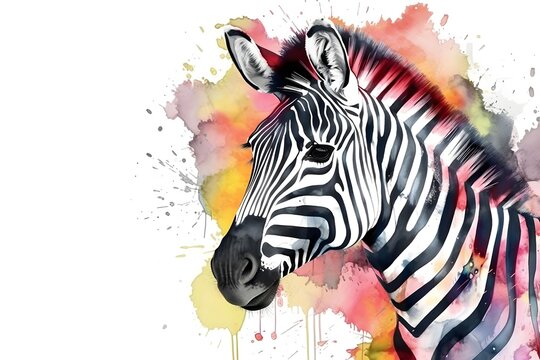 Watercolor zebra head with color splashes on white background with copy space