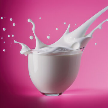 Glass of milk with splash on pink background. Generative AI